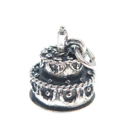 BEAU 925 Sterling Silver Antique Birthday Cake Oxidized Mini 3D Charm Pendant
