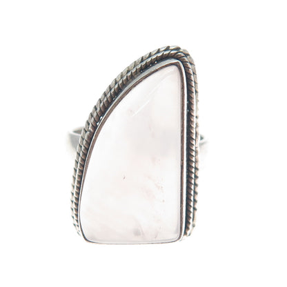 925 Sterling Silver Vintage Real Rose Quartz Modernist Shark Fin Ring Size 6.5