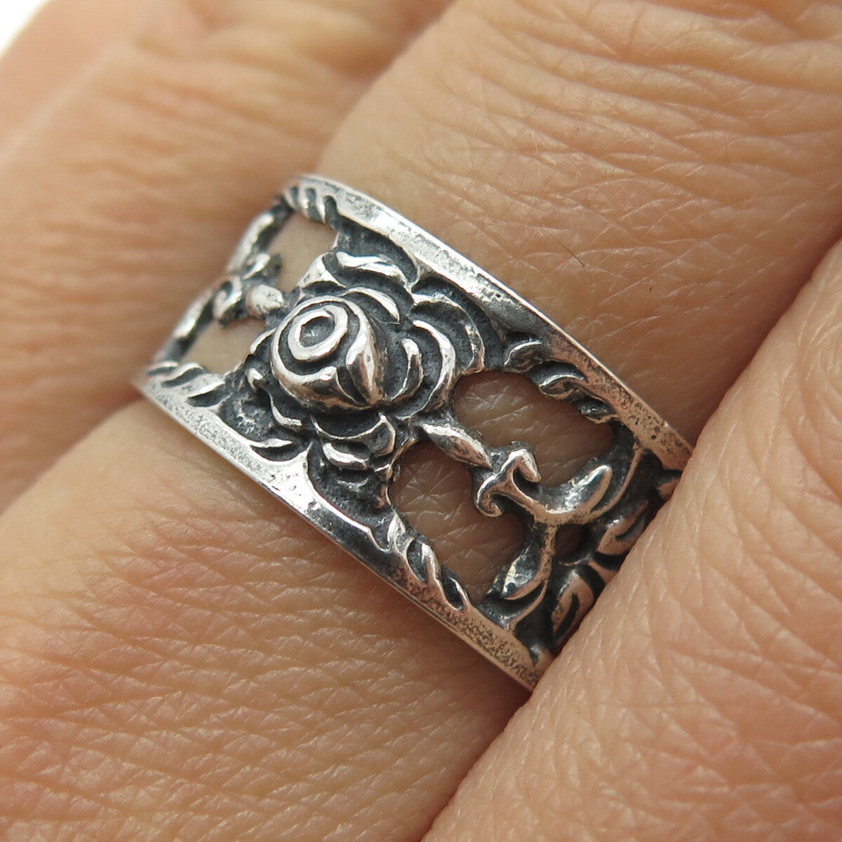 ALBO 835 Silver Vintage Rose Flower Oxidized Band Ring Size 9