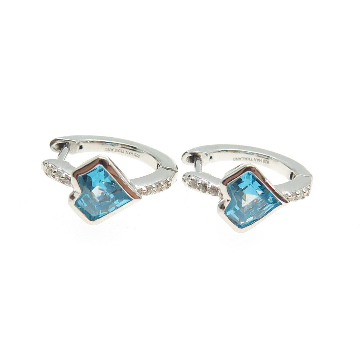 HAN 925 Sterling Silver Round & Princess Heart-Cut White Blue C Z Hoop Earrings