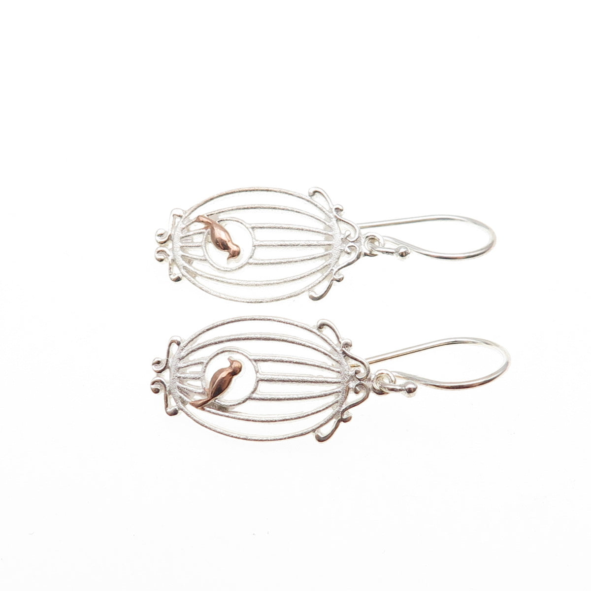 925 Sterling Silver 2-Tone Bird & Cage Dangle Earrings