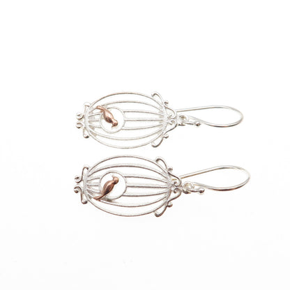 925 Sterling Silver 2-Tone Bird & Cage Dangle Earrings