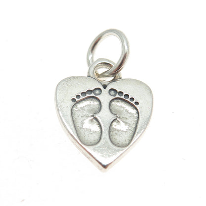 SUNDANCER 925 Sterling Silver Vintage Footprints Heart Minimalist Charm Pendant