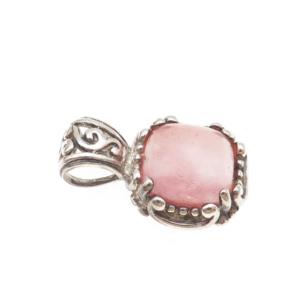 925 Sterling Silver Vintage Real Rose Quartz Swirl Oxidized Charm Pendant