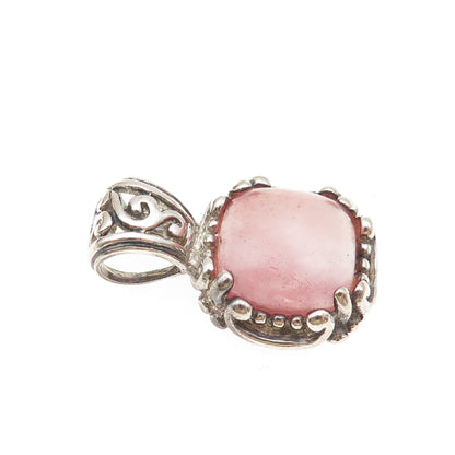 925 Sterling Silver Vintage Real Rose Quartz Swirl Oxidized Charm Pendant