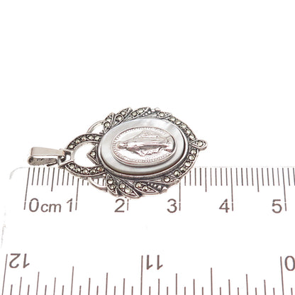 925 Sterling Silver Antique Art Deco Real MOP & Marcasite St. Mary Charm Pendant