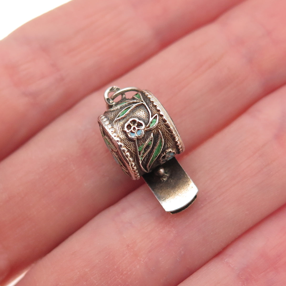 925 Sterling Silver Gold Plated Antique Art Deco Enamel Floral Whistle Pendant