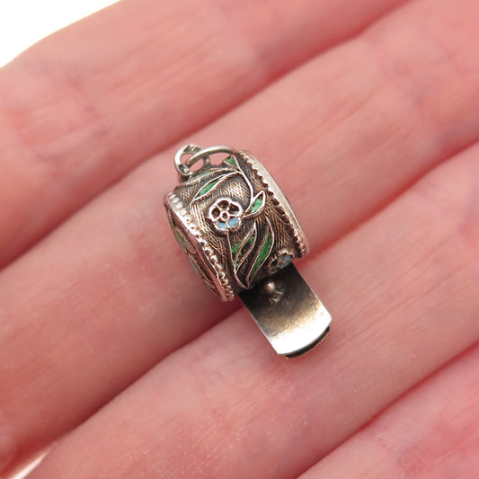 925 Sterling Silver Gold Plated Antique Art Deco Enamel Floral Whistle Pendant