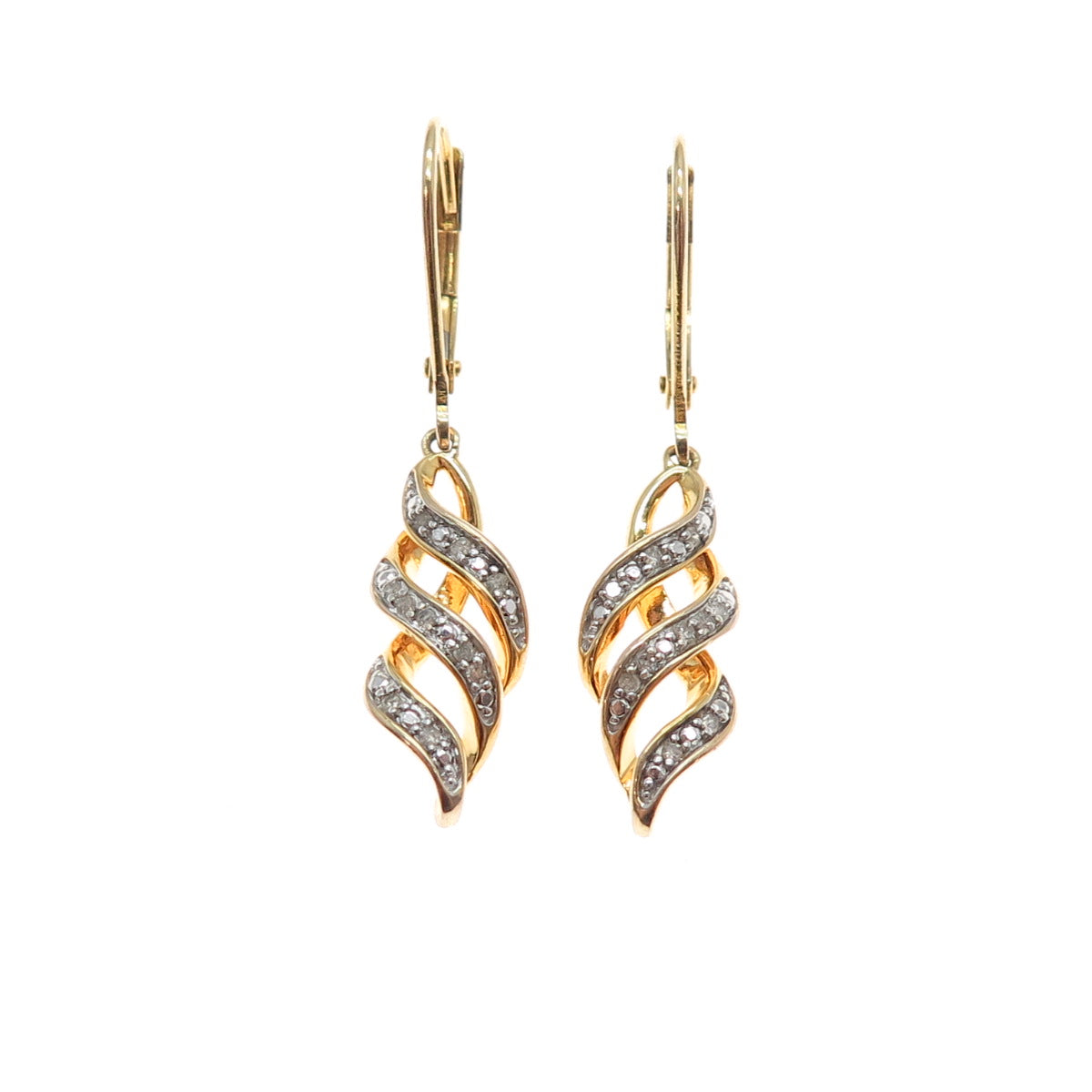 SUN 925 Sterling Silver Gold Plated Real Diamond Twisted Dangle Earrings