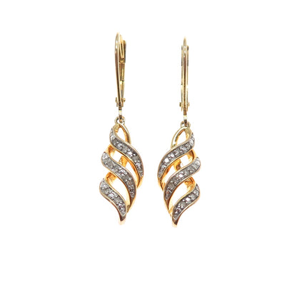 SUN 925 Sterling Silver Gold Plated Real Diamond Twisted Dangle Earrings