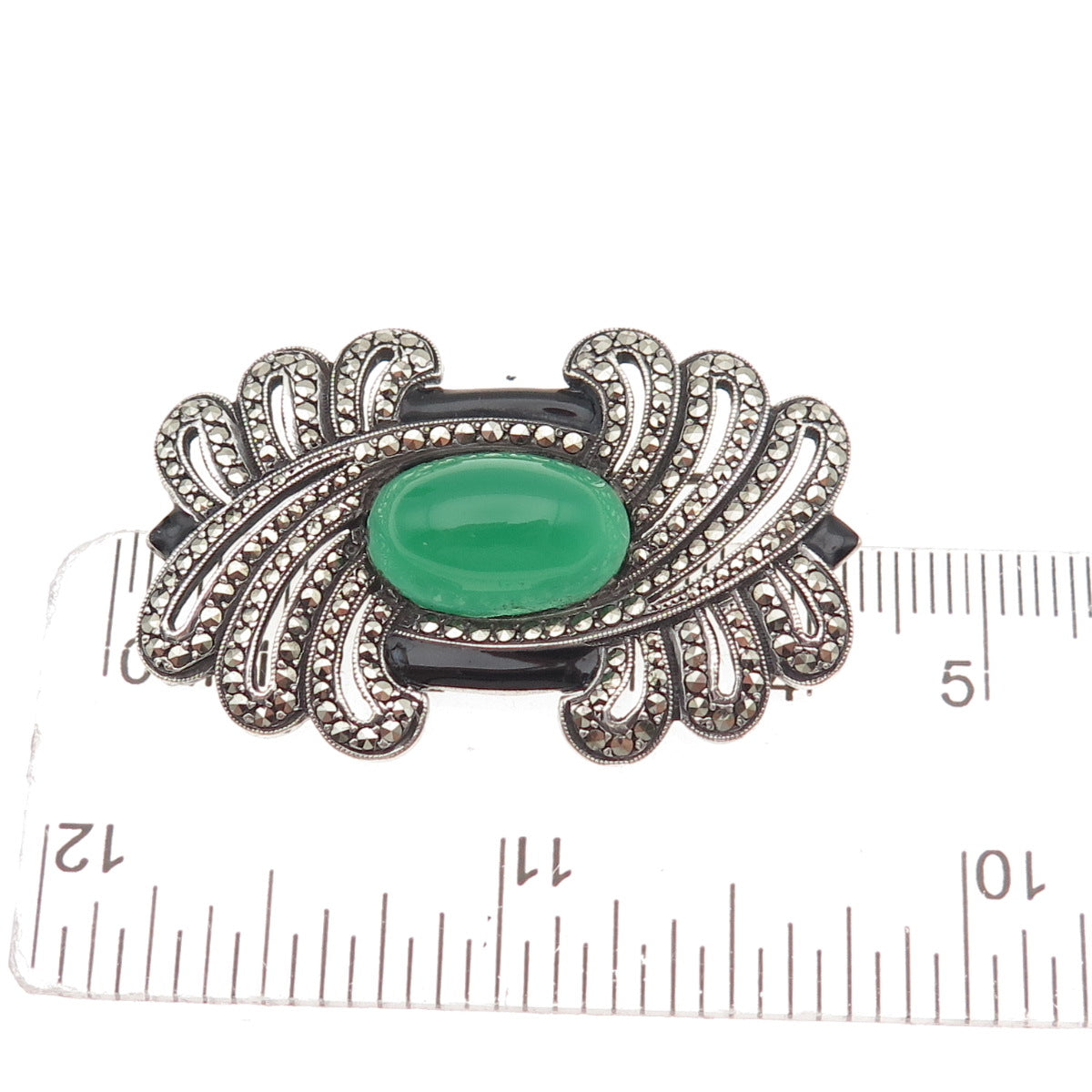 925 Sterling Antique Art Deco Real Black & Green Onyx Marcasite Pin Brooch