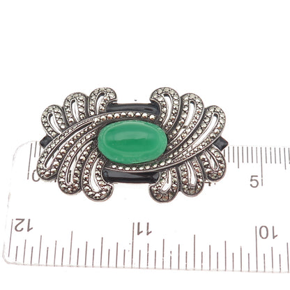 925 Sterling Antique Art Deco Real Black & Green Onyx Marcasite Pin Brooch