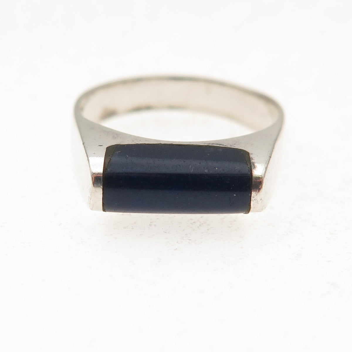 925 Sterling Silver Vintage Mexico Real Lapis Modernist Oxidized Ring Size 6