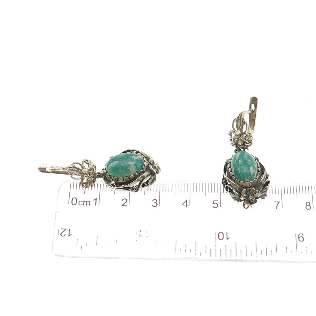 Silver-Tone Vintage Real Cabochon Amazonite Floral Oxidized Dangle Earrings