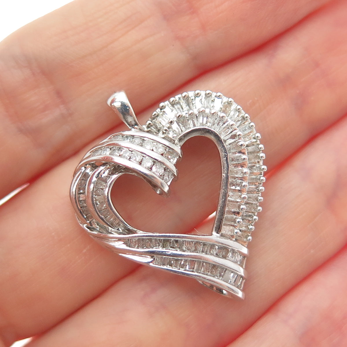 JANE SEYMOUR Sterling Real Round & Tapered Baguette-Cut Diamond Heart Pendant