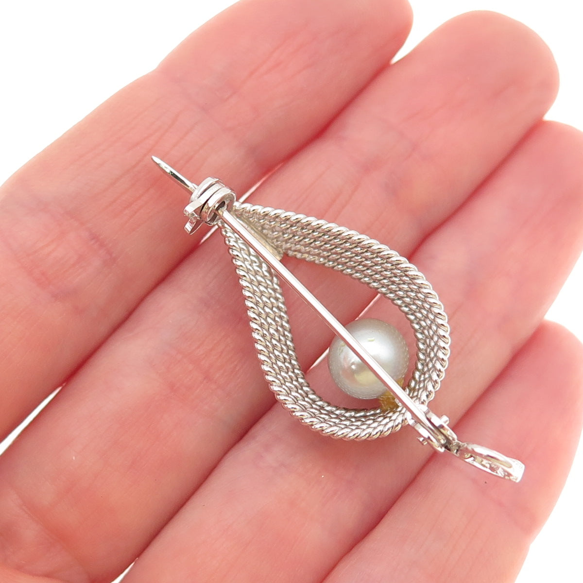 925 Sterling Silver Vintage Real Pearl Modernist Floral Pin Brooch