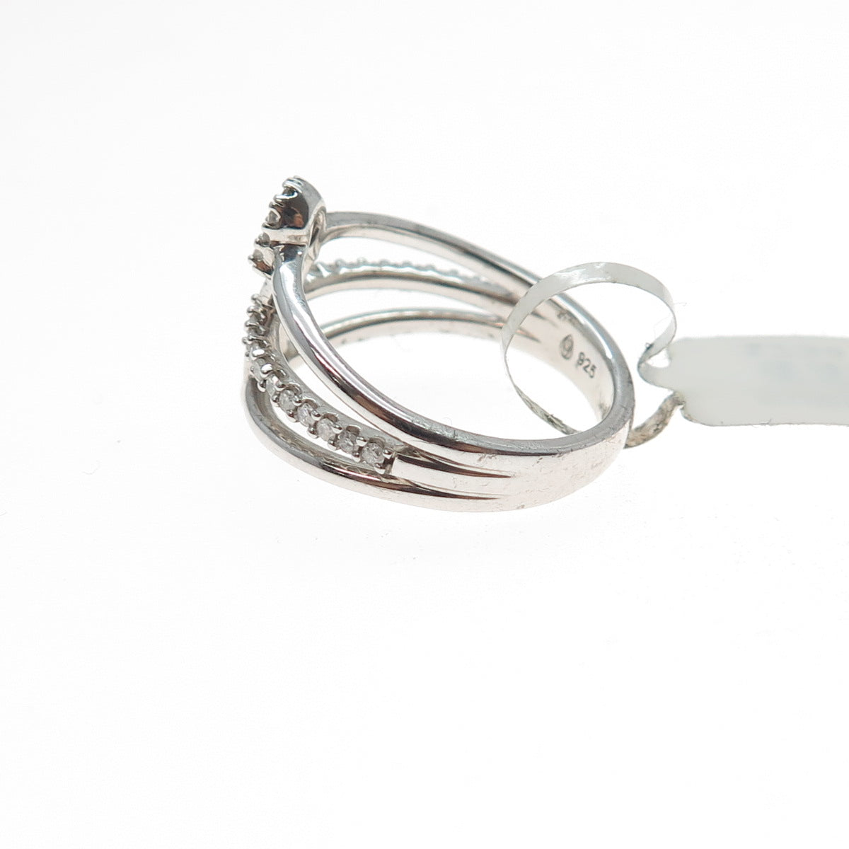 925 Sterling Silver Real Round-Cut Diamond Safety Pin 3-Row Ring Size 7