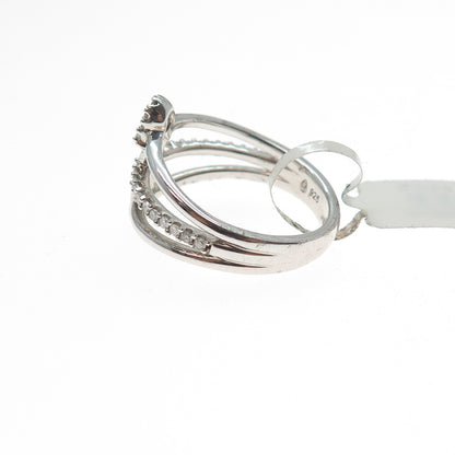 925 Sterling Silver Real Round-Cut Diamond Safety Pin 3-Row Ring Size 7