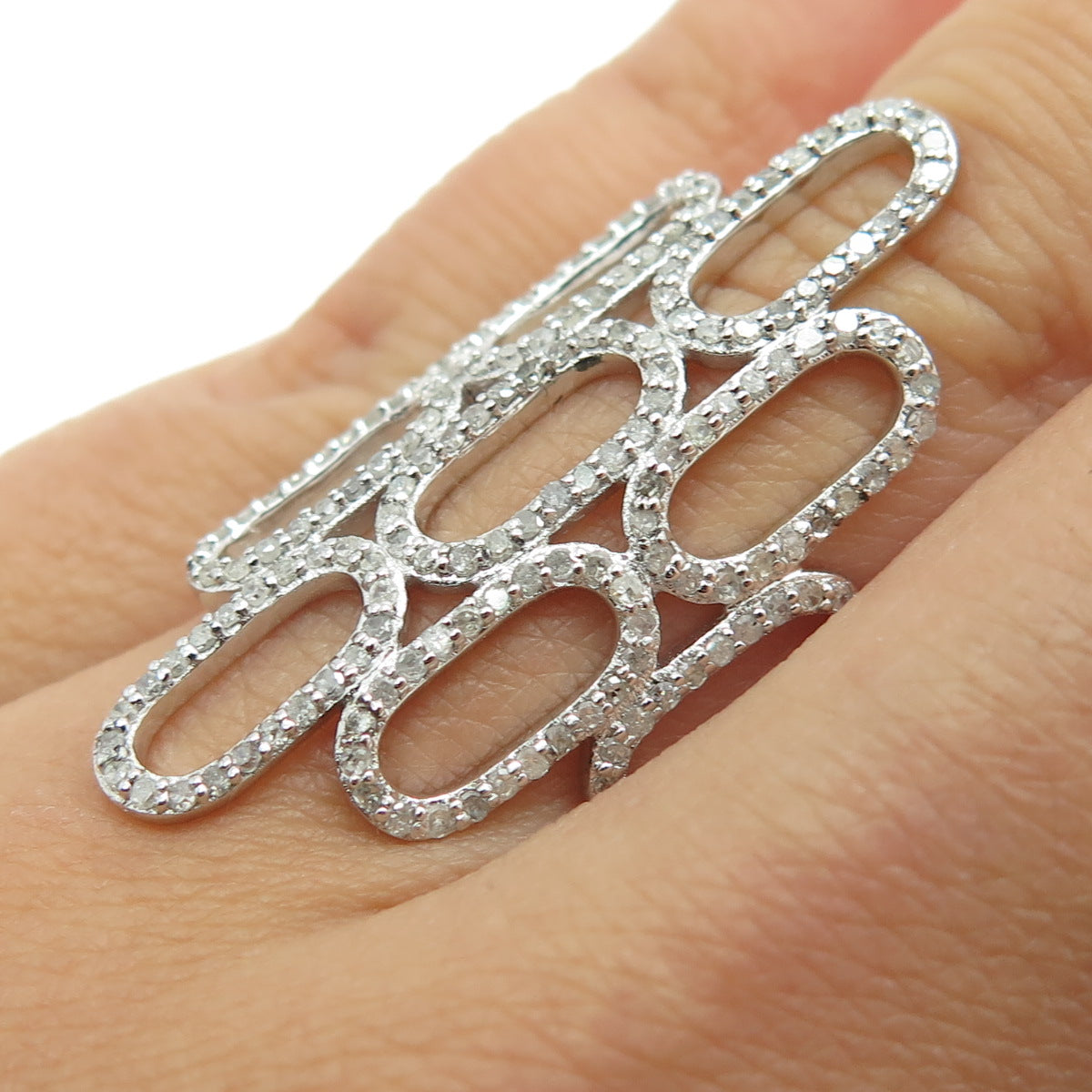 925 Sterling Silver Real Round-Cut Diamond Oval Link Ring Size 7