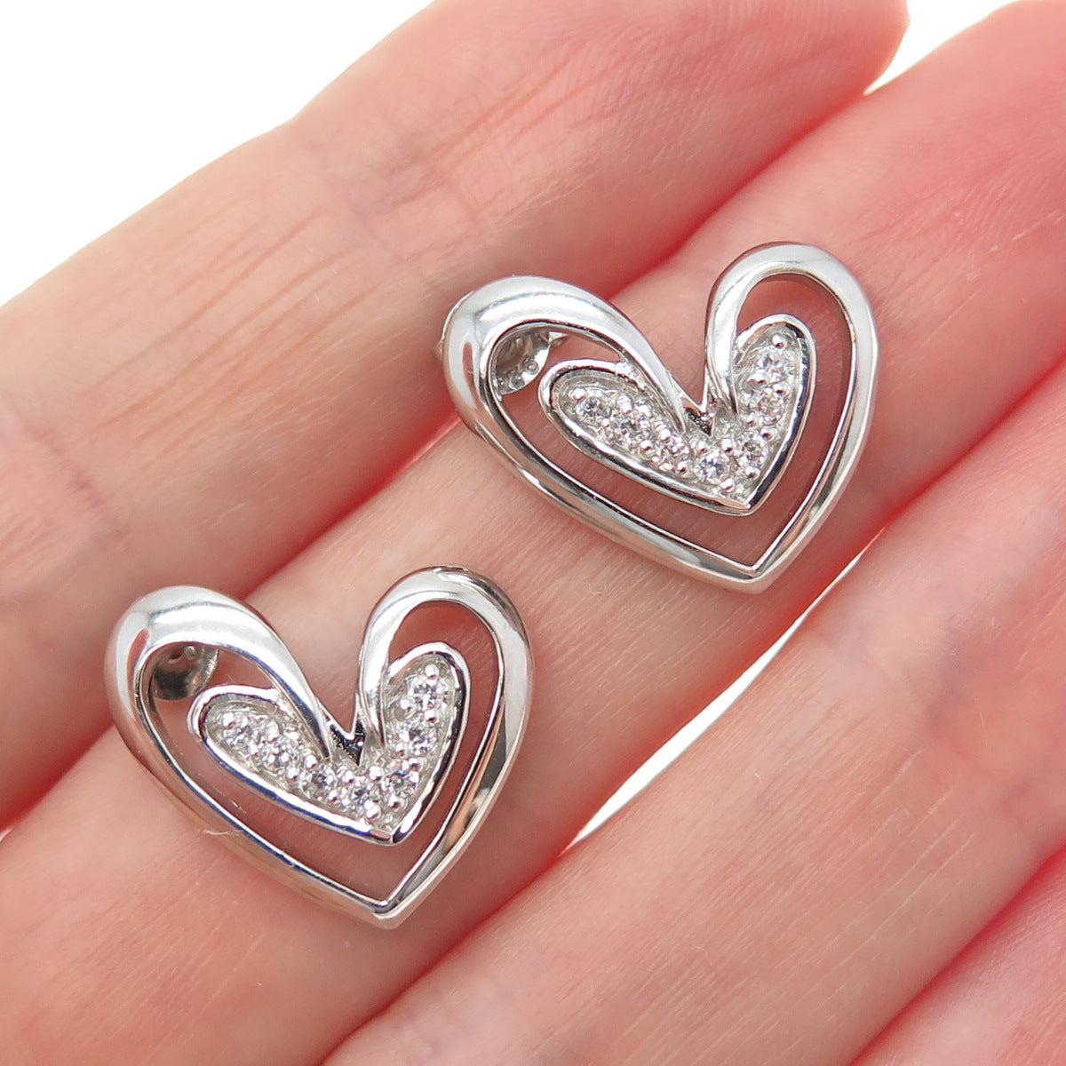925 Sterling Silver Round-Cut C Z Modernist Heart Earrings