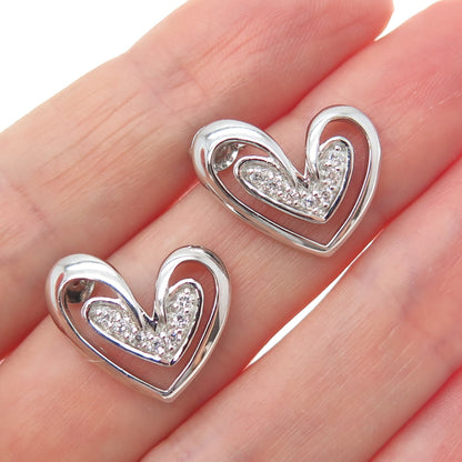 925 Sterling Silver Round-Cut C Z Modernist Heart Earrings