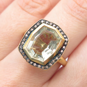 925 Sterling Silver Gold Plated Real Diamond & Green Amethyst Ring Size 7.75