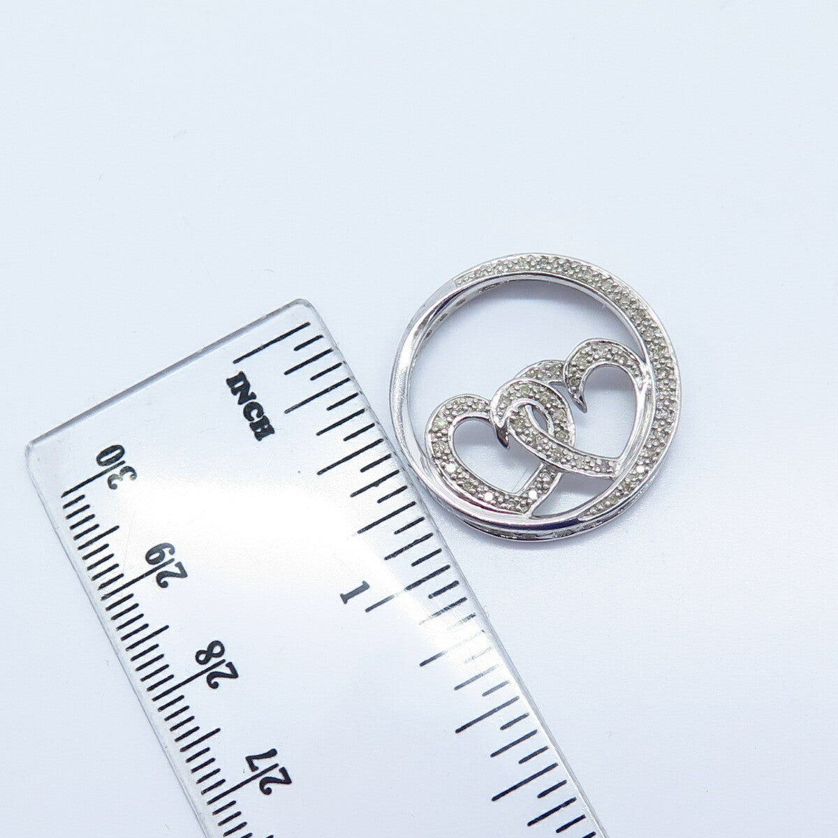 925 Sterling Silver Real White Diamond Double Heart Open Round Pendant