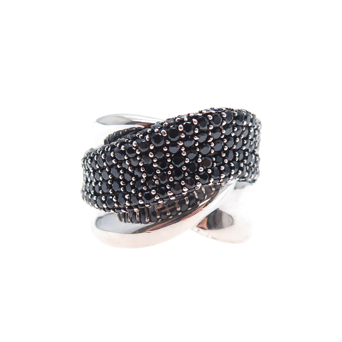 925 Sterling Silver Real Round-Cut Black Spinel Crisscross Ring Size 5