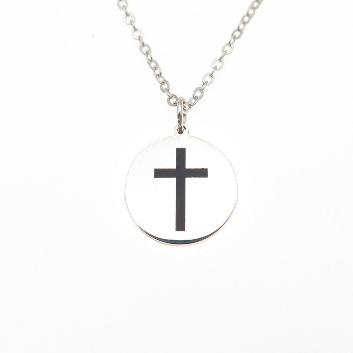 925 Sterling Silver Black Enamel Cross Round Tag Cable Chain Necklace 18"