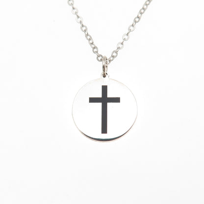 925 Sterling Silver Black Enamel Cross Round Tag Cable Chain Necklace 18"