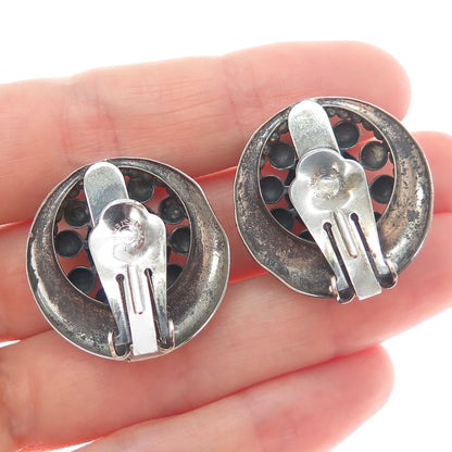 DANECRAFT 925 Sterling Silver Antique Art Deco Beaded Oxidized Clip On Earrings