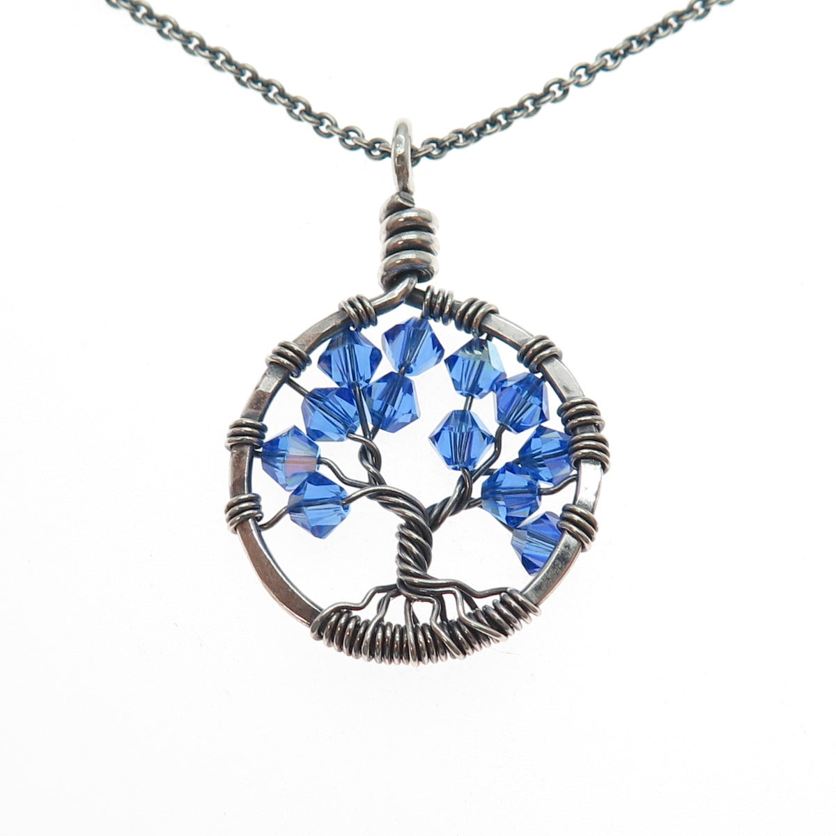 Treasure Trove Sterling Silver Vintage Blue Crystal Tree of Life Necklace 22"