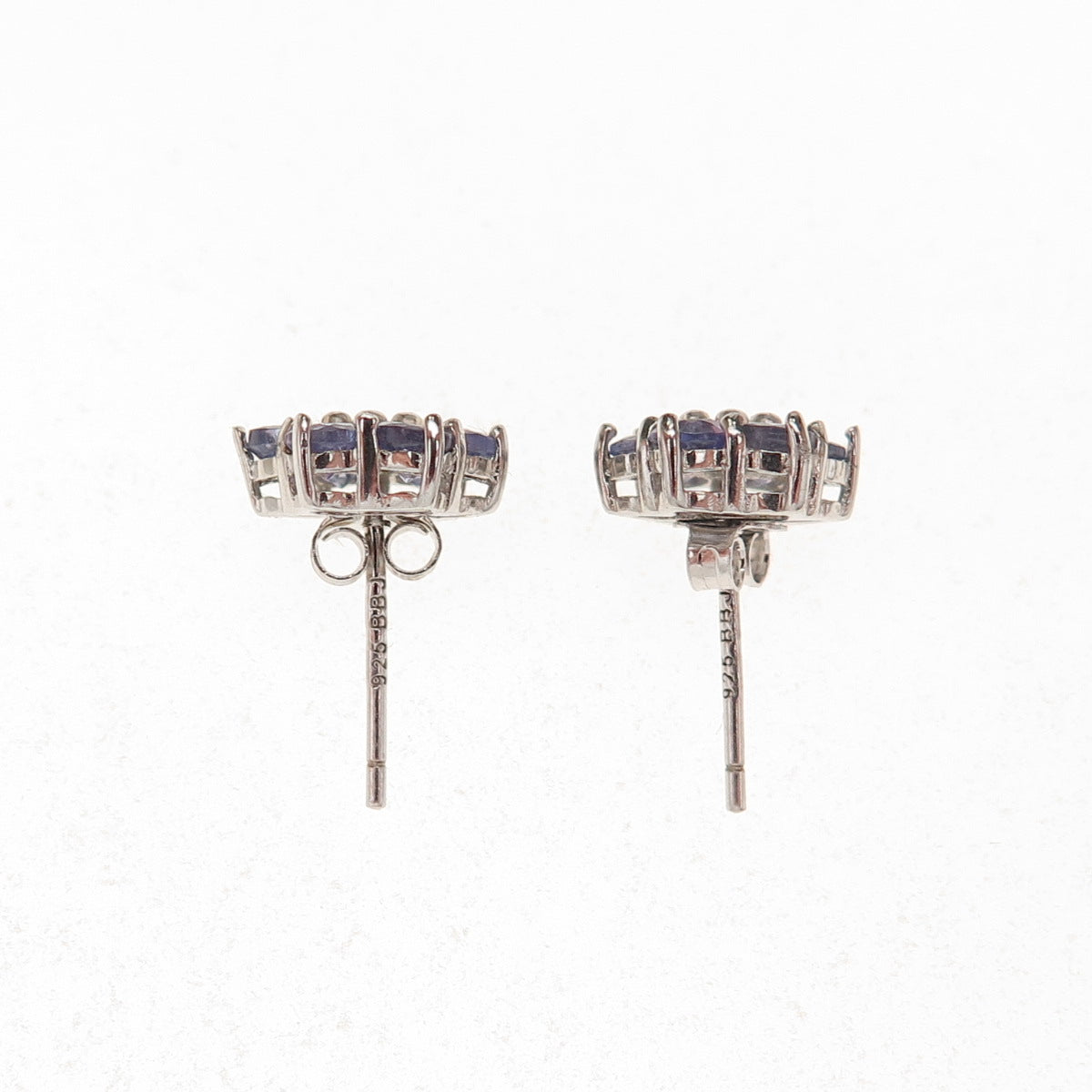 925 Sterling Silver Real Round-Cut Diamond & Tanzanite Floral Stud Earrings