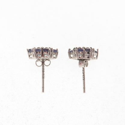 925 Sterling Silver Real Round-Cut Diamond & Tanzanite Floral Stud Earrings
