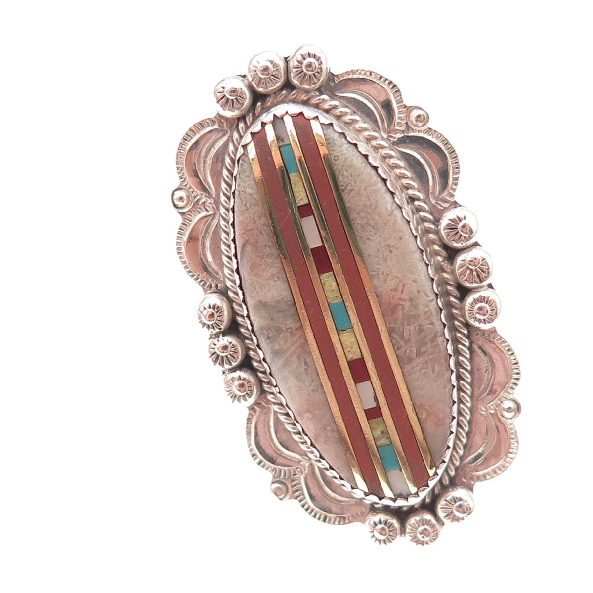 Old Pawn 925 Sterling Turquoise Rhodonite Coral MOP Adjustable Ring Size 8.75