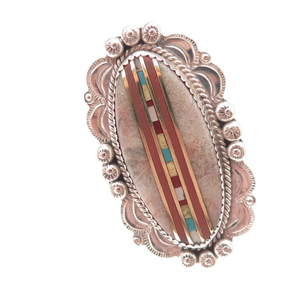 Old Pawn 925 Sterling Turquoise Rhodonite Coral MOP Adjustable Ring Size 8.75