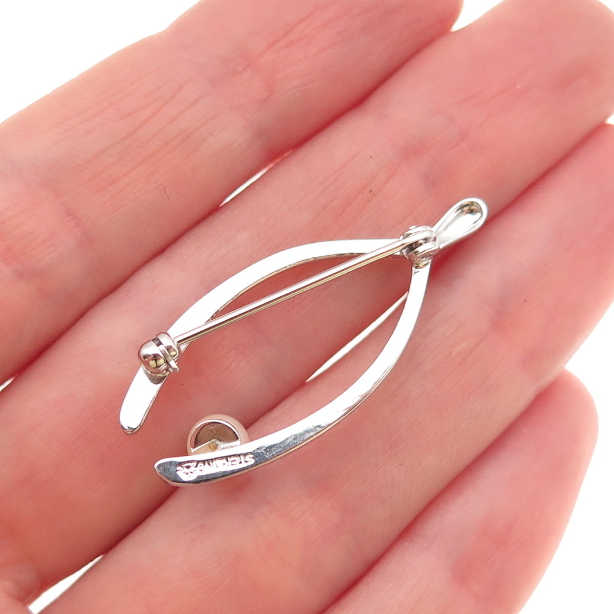 Marvel 925 Sterling Silver Antique Art Deco Real Pearl Wishbone Pin Brooch