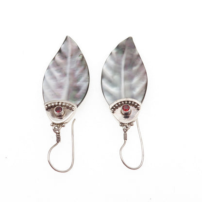SAJEN Sterling Silver Vintage Real Abalone Shell & Garnet Floral Dangle Earrings