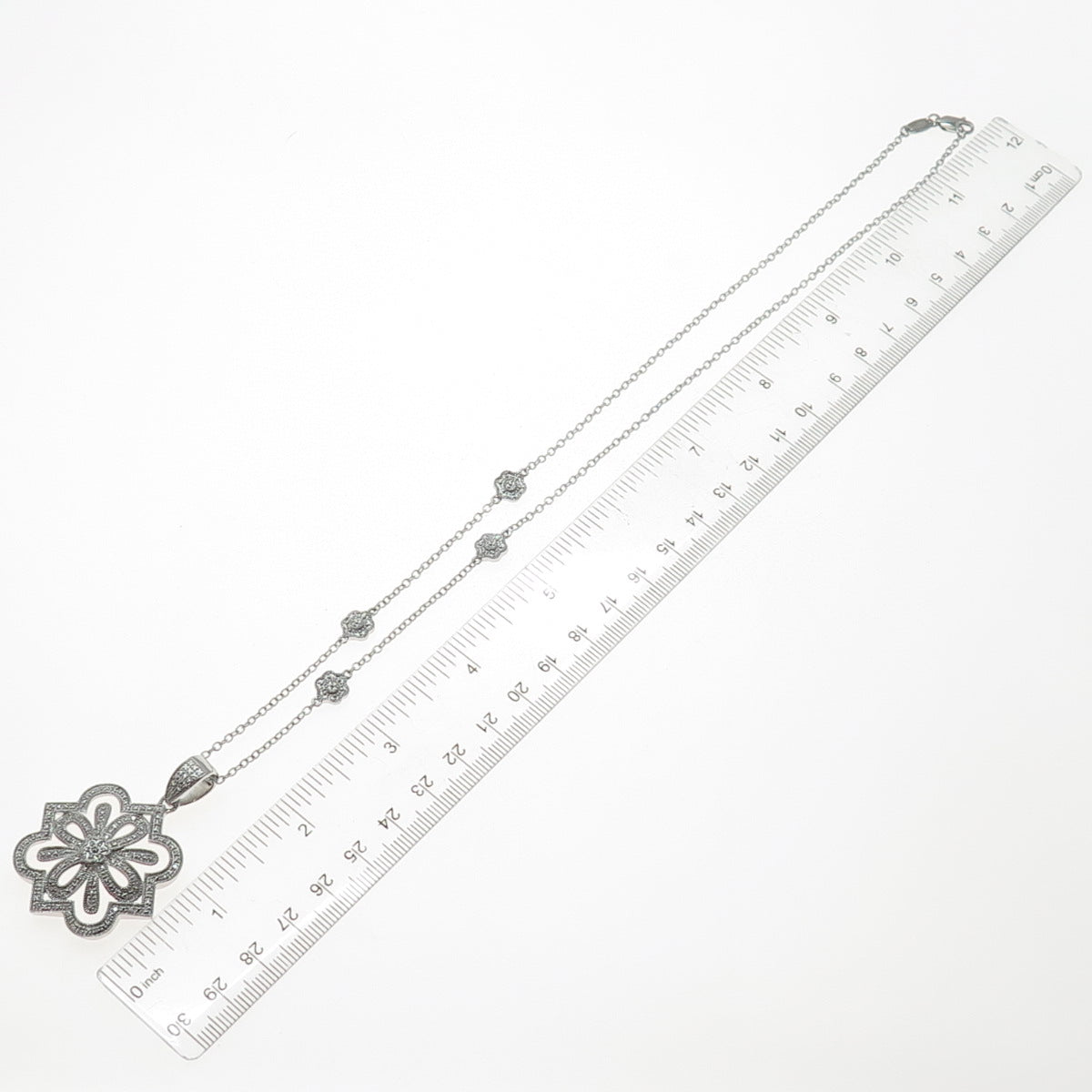 925 Sterling Silver Real Round-Cut Diamond Flower Cable Chain Necklace 20"