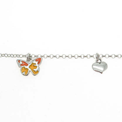 925 Sterling Silver Enamel Butterfly & Heart Charm Rolo Link Bracelet 7"