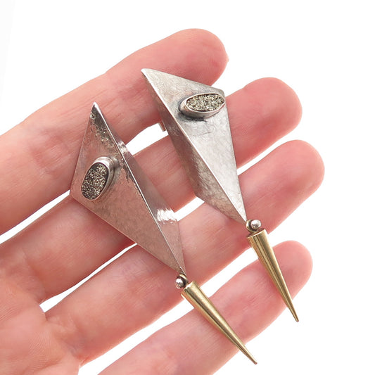 925 Sterling Silver 2-Tone Vintage Real Druzy Modernist Oxidized Dangle Earrings