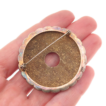 925 Sterling Silver Gold Plated Antique China Enamel Real Coral Floral Brooch