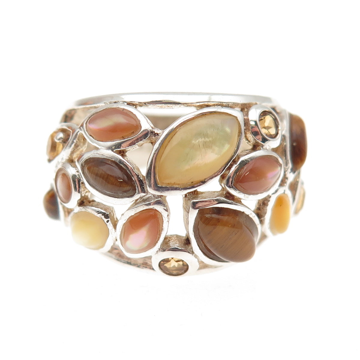 925 Sterling Silver Vintage Real Tiger Eye Citrine & MOP Cluster Ring Size 6