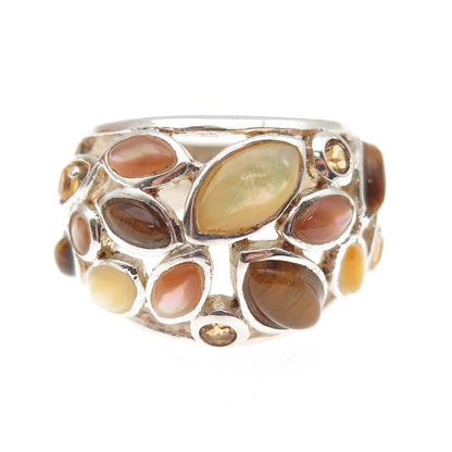 925 Sterling Silver Vintage Real Tiger Eye Citrine & MOP Cluster Ring Size 6
