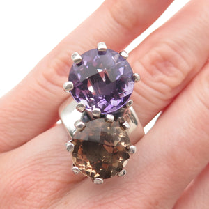 925 Sterling Silver Vintage Real Smoky Quartz & Amethyst Bypass Ring Size 5.75