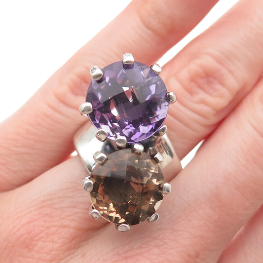 925 Sterling Silver Vintage Real Smoky Quartz & Amethyst Bypass Ring Size 5.75