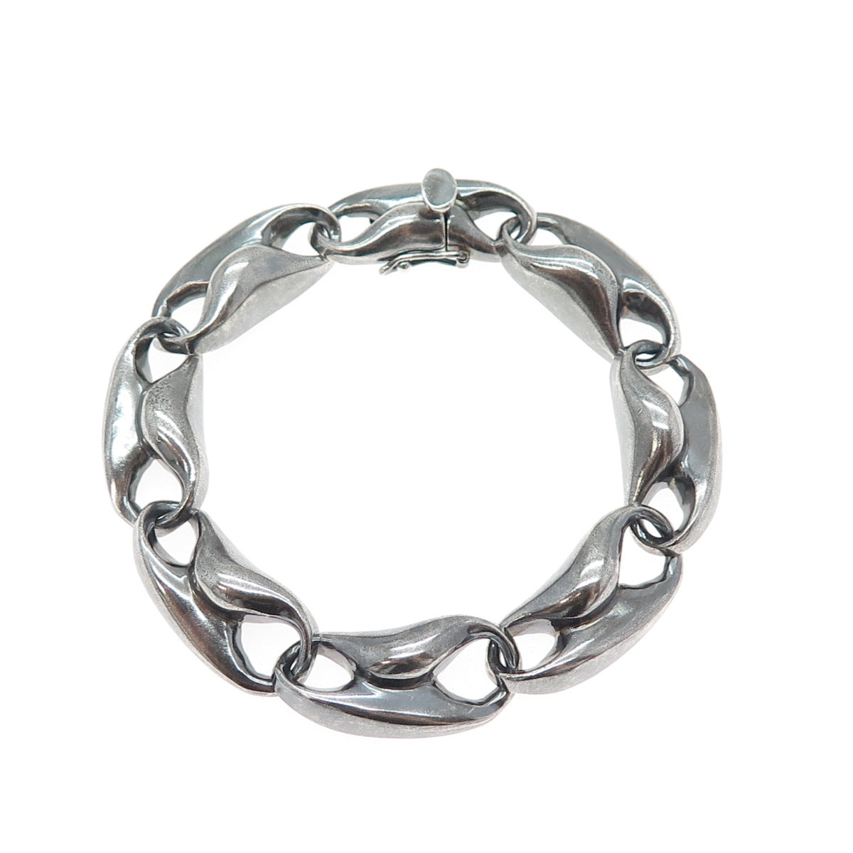 925 Sterling Silver Vintage Modernist Anchor Link Oxidized Bracelet 6.75"