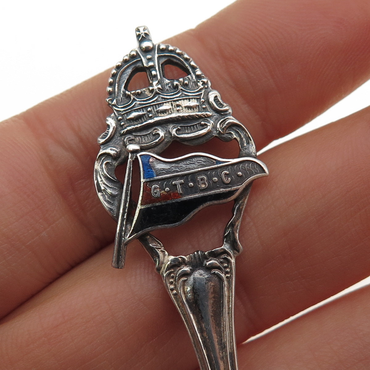 925 Sterling Silver Antique Art Deco Enamel GTBC Flag Coffee Spoon