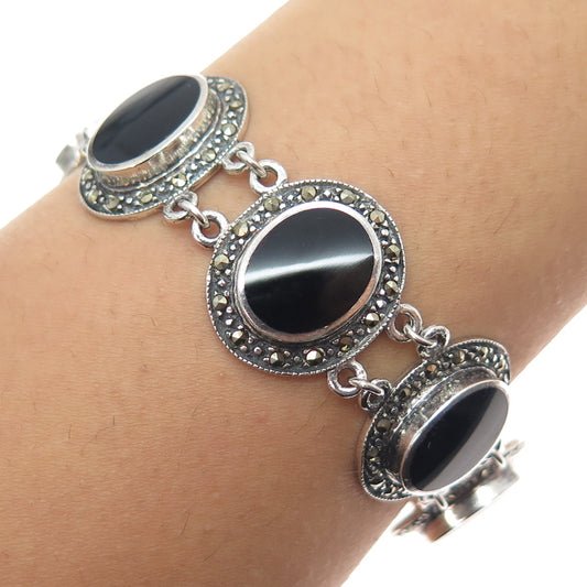 925 Sterling Silver Vintage Real Black Onyx & Marcasite Oxidized Bracelet 7"