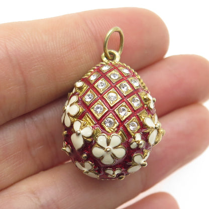 925 Sterling Gold Plated Vintage Enamel Rhinestone Easter Egg Cat Locket Pendant